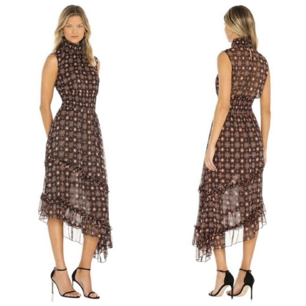 MISA Los Angeles Shalom Dress L Onyx Medallion Asymmetric Ruffle Chiffon Boho